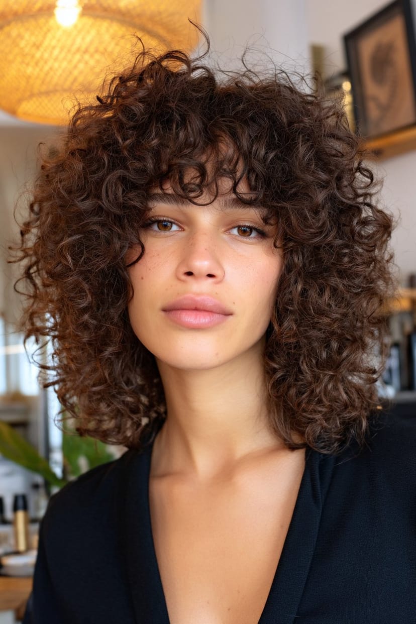 Mittellanges lockiges Haar mit seitlichem Pony