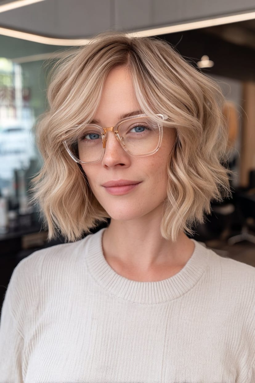 Langer Bob mit sanften Wellen und transparenter Brille