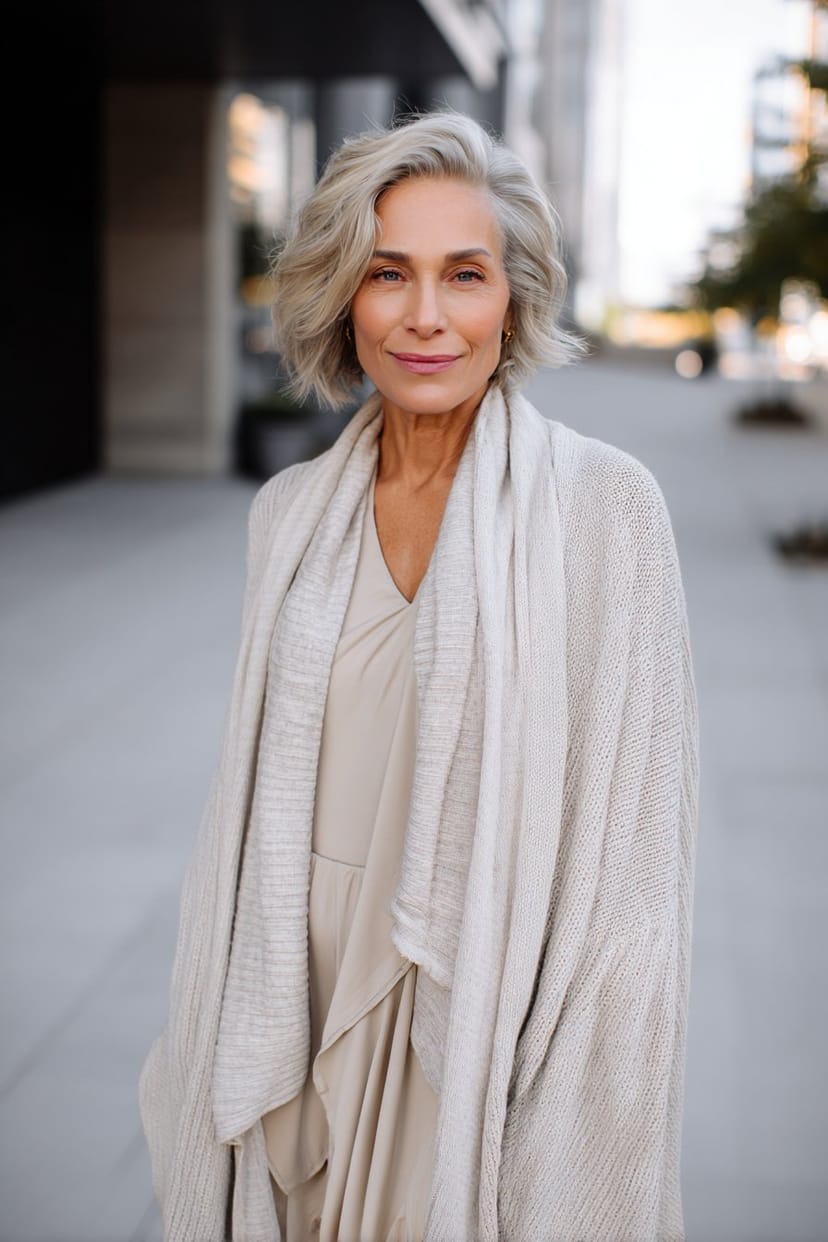 Frau über 40 im cremefarbenen Maxi-Strickcardigan über Kleid