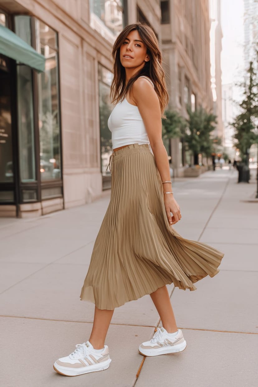 Frau mit Plisseerock und weißen Sneakers im Frühling