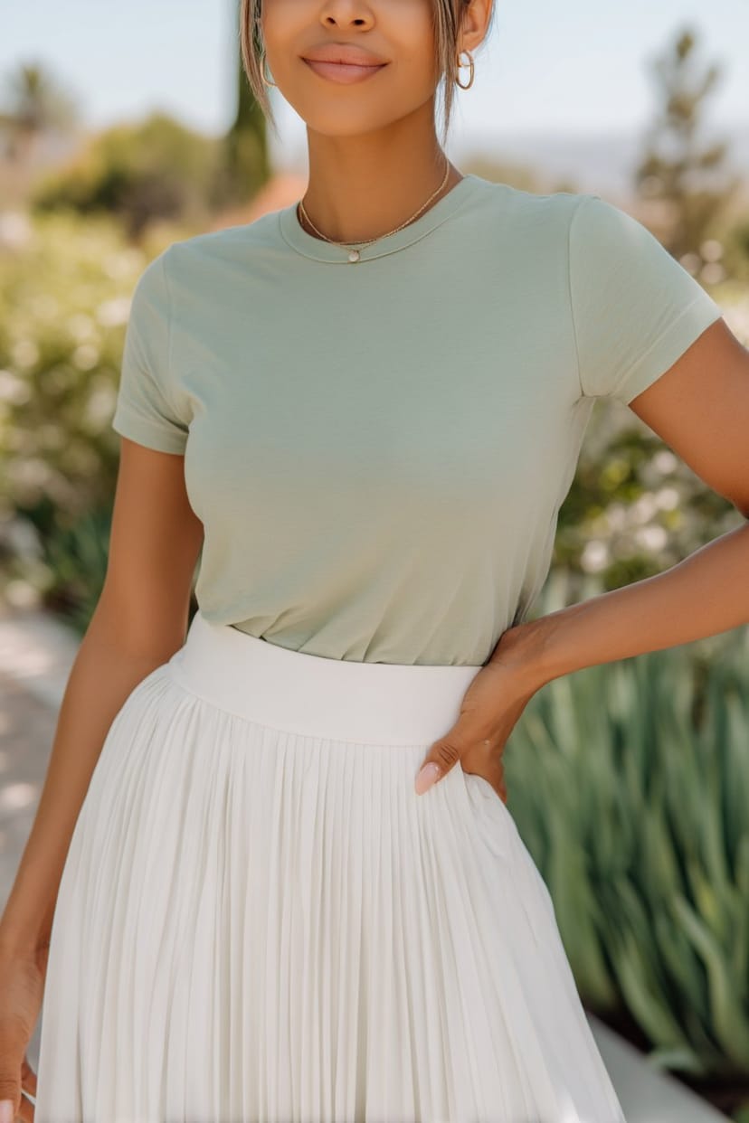 Frau mit mint T-Shirt und weißem Faltenrock im Garten