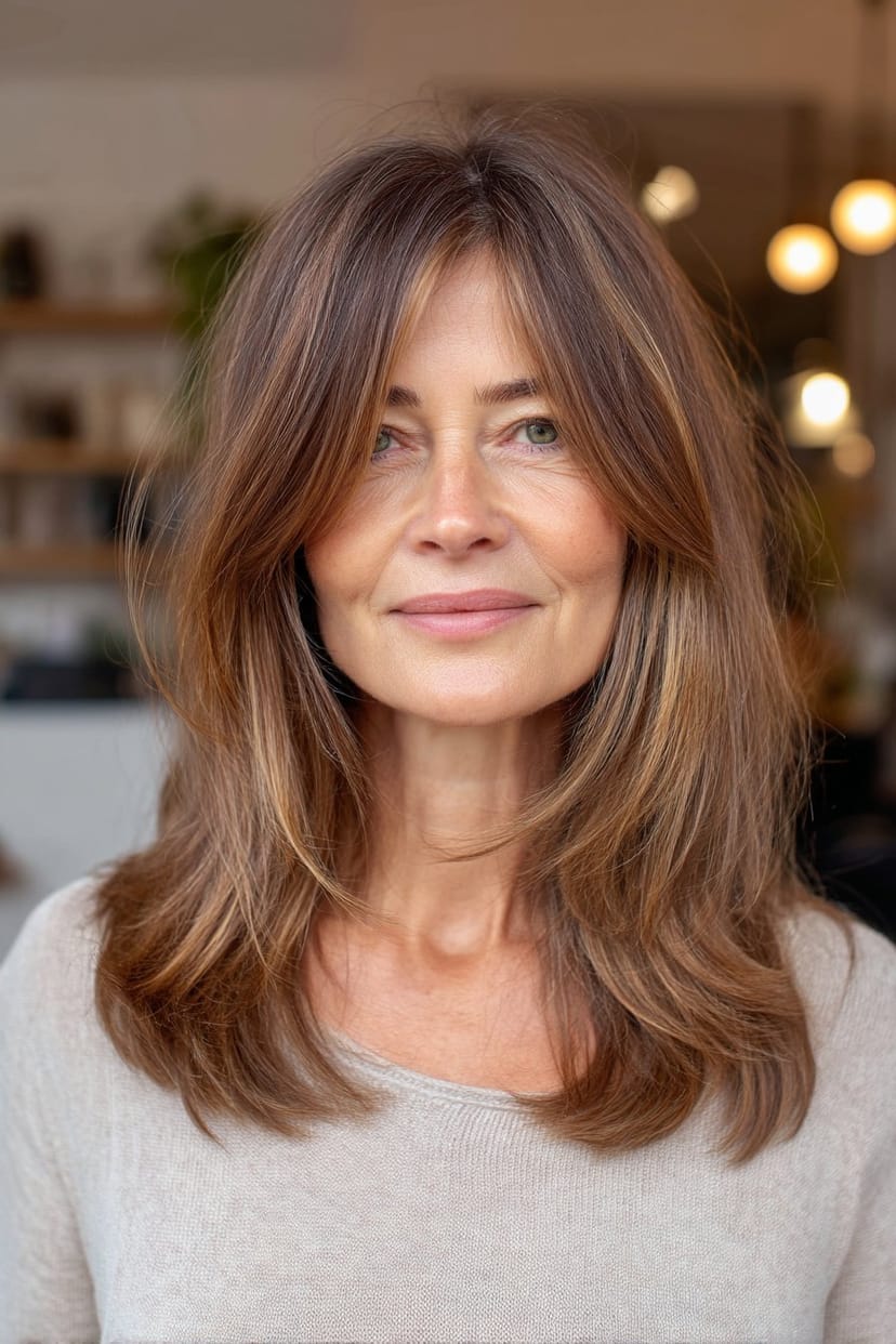 Mittellange Frisur mit Curtain Bangs für Frauen ab 50