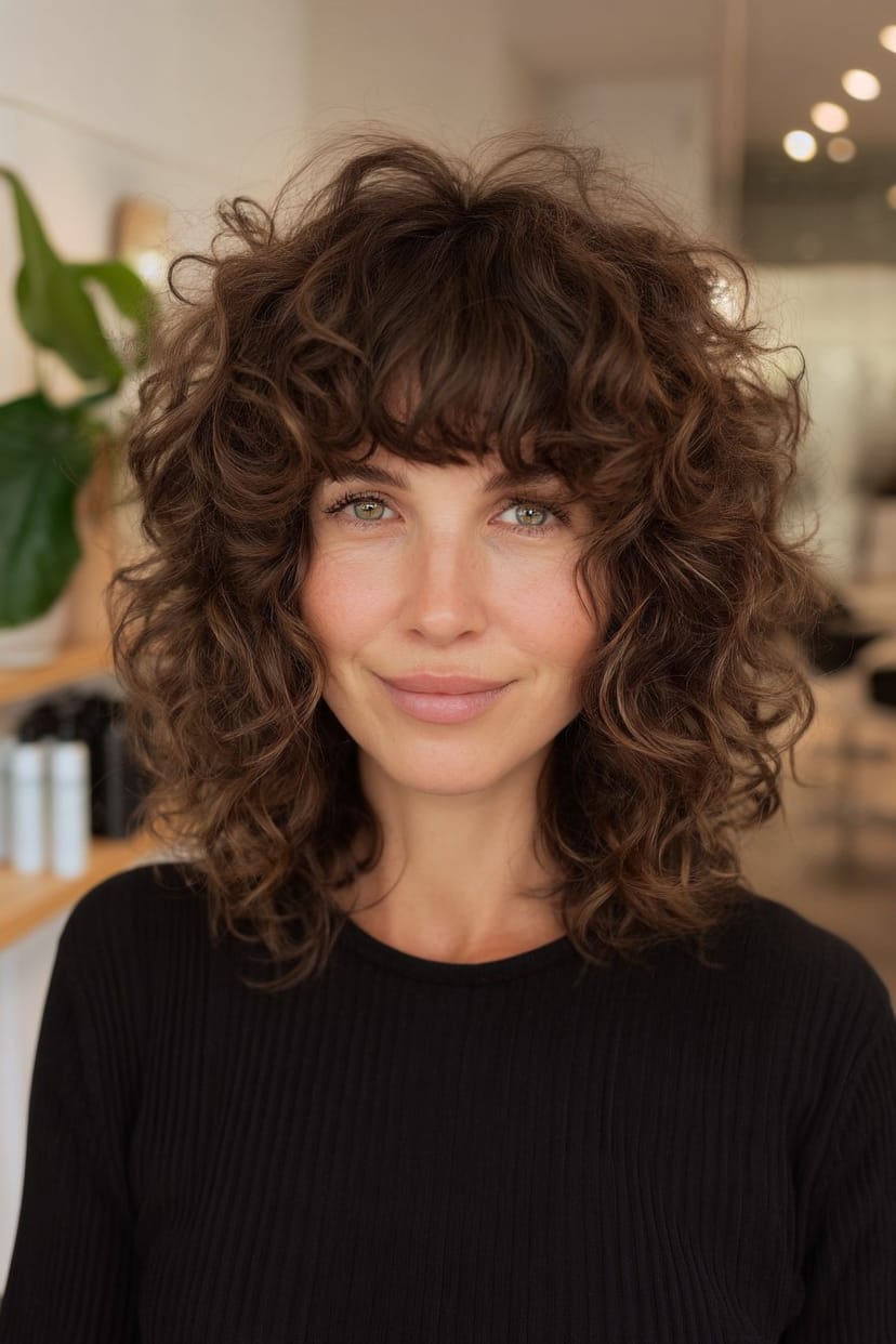 Mittellange Frisur mit Locken und Ponyfransen ab 50