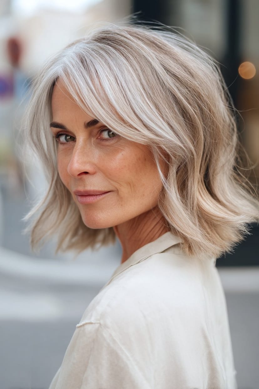 Mittellange, gestufte Frisur für graues Haar von hinten