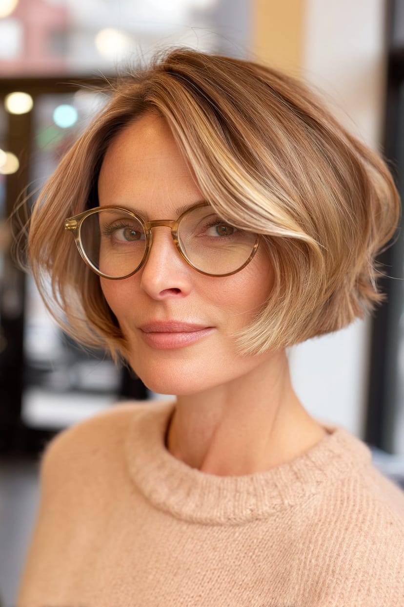 Mittellanger Bob mit seitlichem Pony und runder Brille