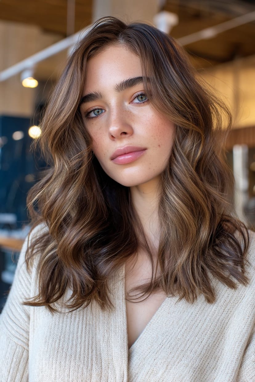 Mittellanges Haar offen, seitliche Wellen, dezente Highlights