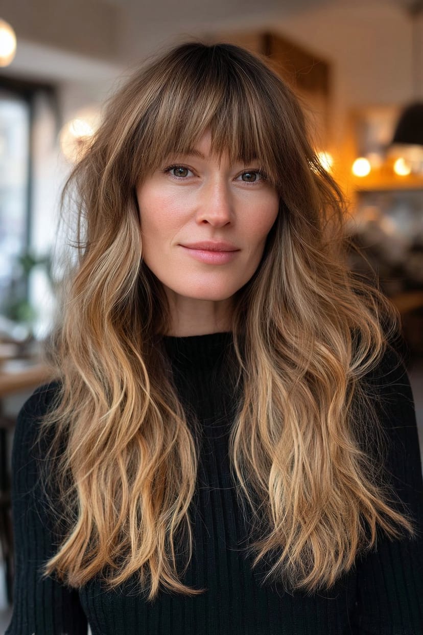 Lange offene Haare mit Fransen und blonden Strähnchen