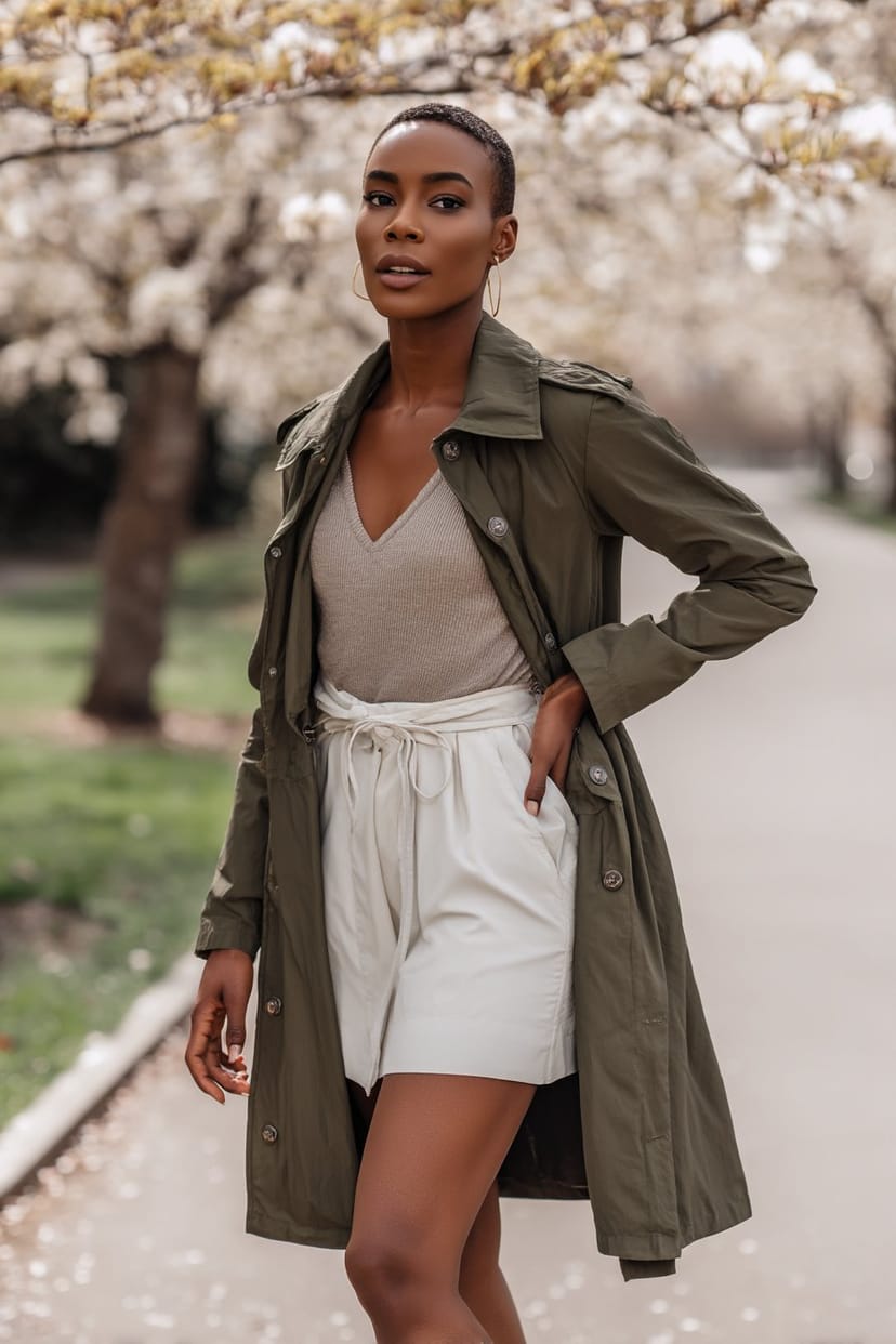 Frau im olivgrünen Regenparka im Frühlingspark