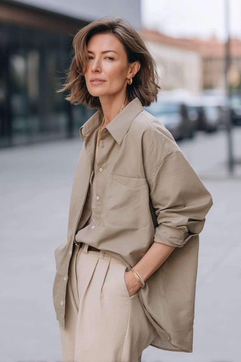 Frau mit khaki Oversized-Hemd und beiger Hose