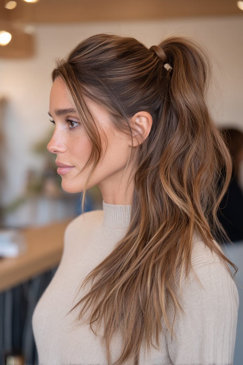 Pferdeschwanz mit Volumen am Oberkopf, seitliche Ansicht