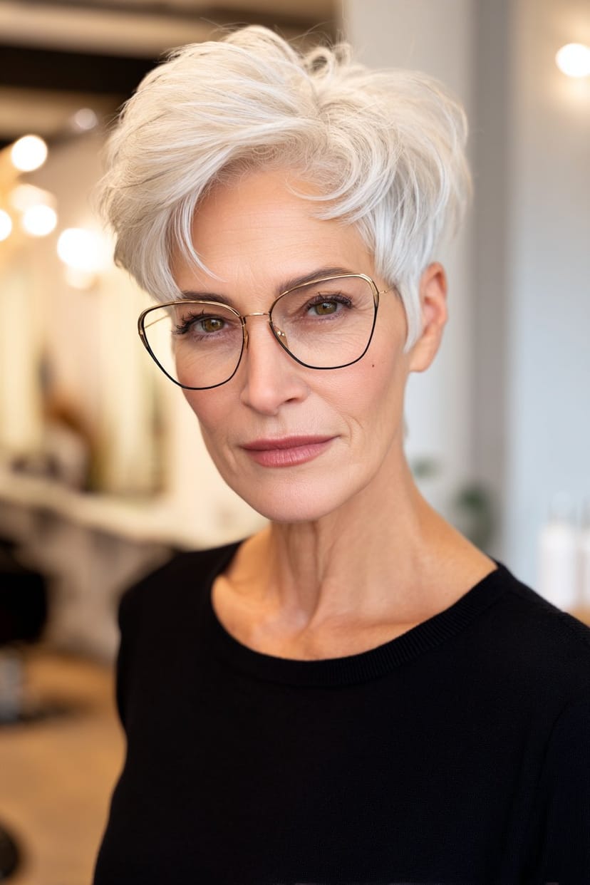 Pixie-Cut mit Volumen für feines Haar und eckige Brille