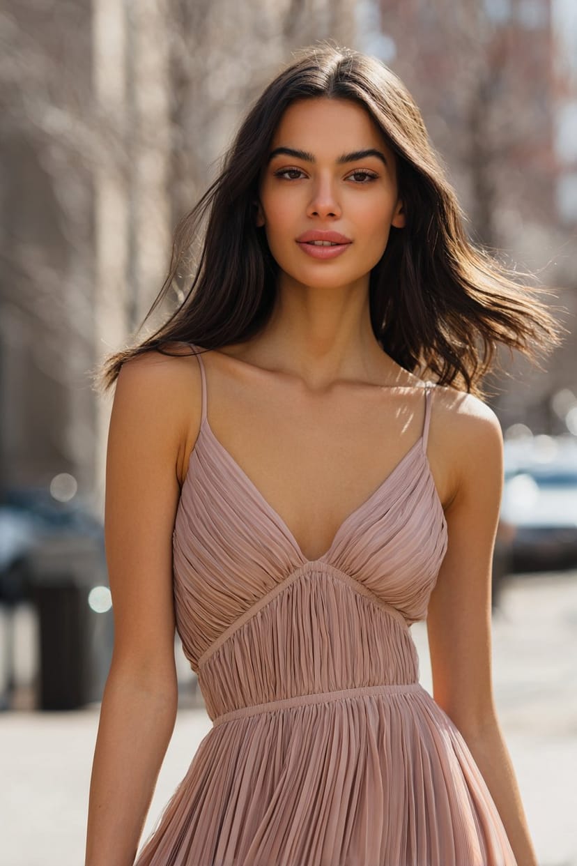 Plissiertes Kleid in zartem Rosa mit feinen Falten