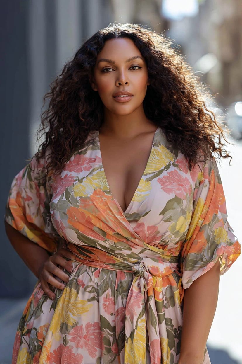 Plus-Size-Wickelkleid mit Blumenmuster im Frühling