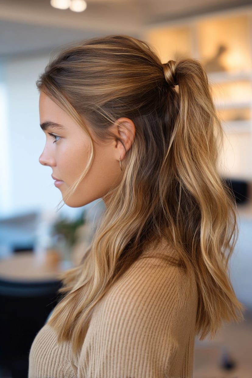 Mittellanger Pferdeschwanz mit lockerer Strähne vorne