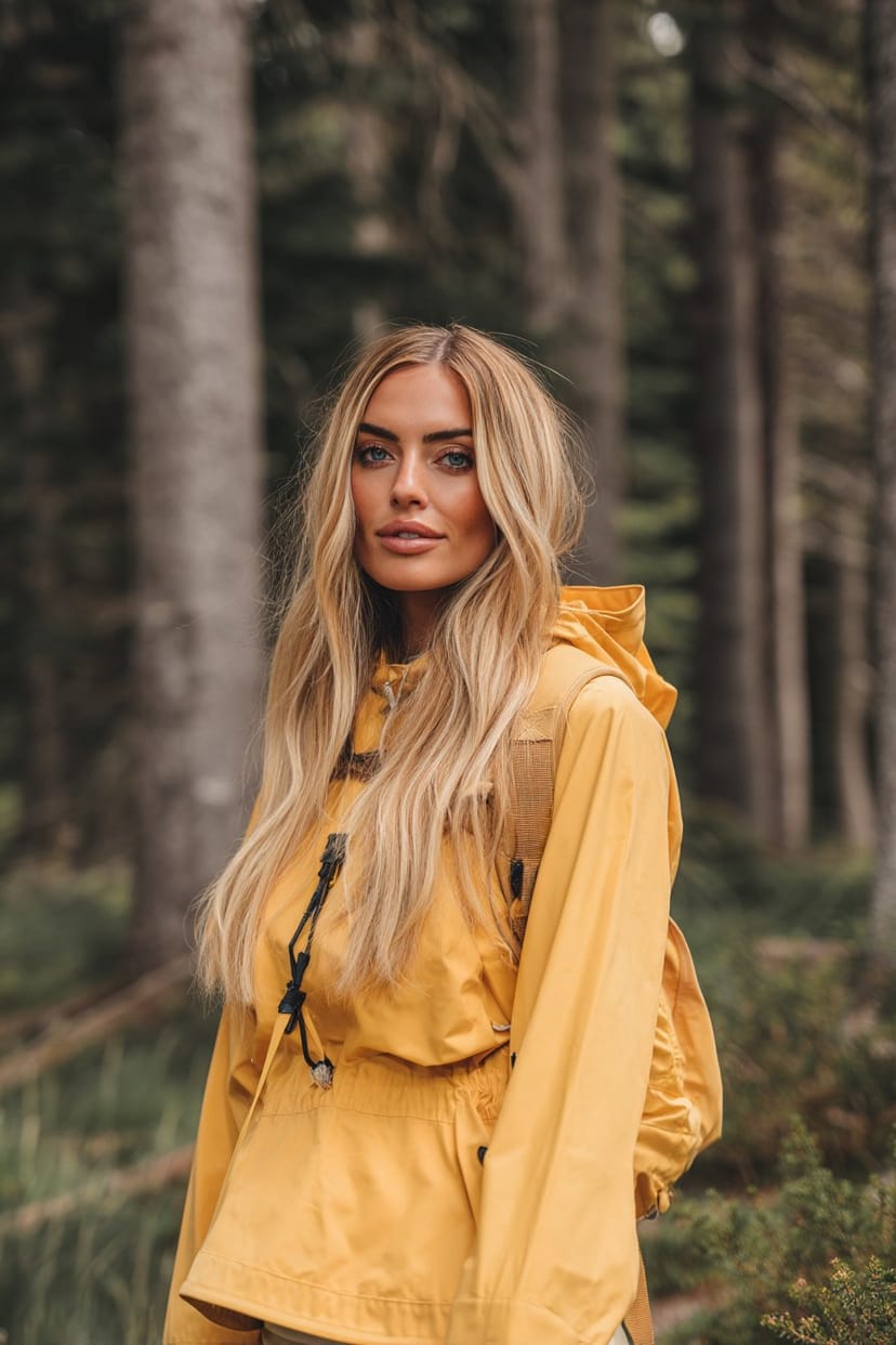 Frau mit gelber Regenjacke und Rucksack am Waldrand