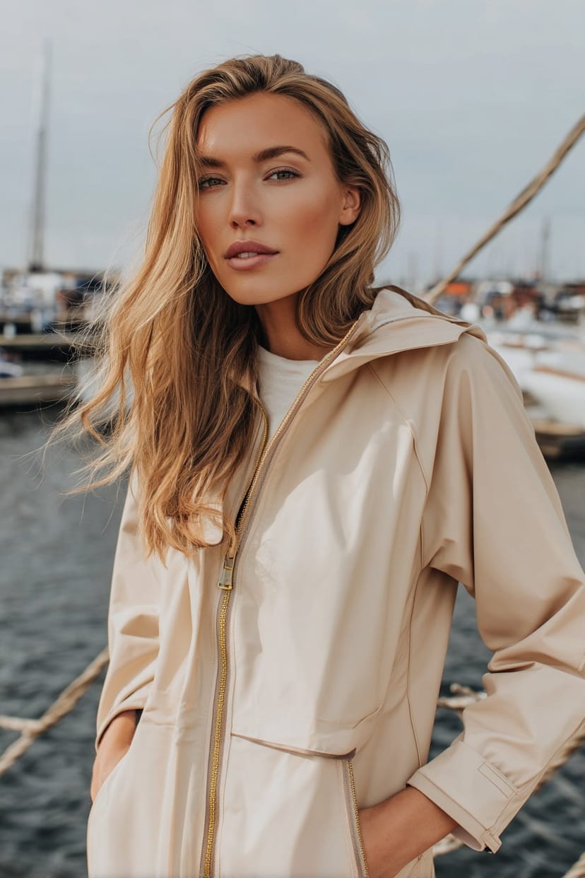 Frau in sandfarbener Friesennerz-Regenjacke auf Sylt-Steg