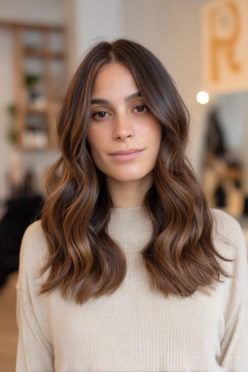 Mittellanges braunes Haar mit sanften S-Wellen und Mittelscheitel