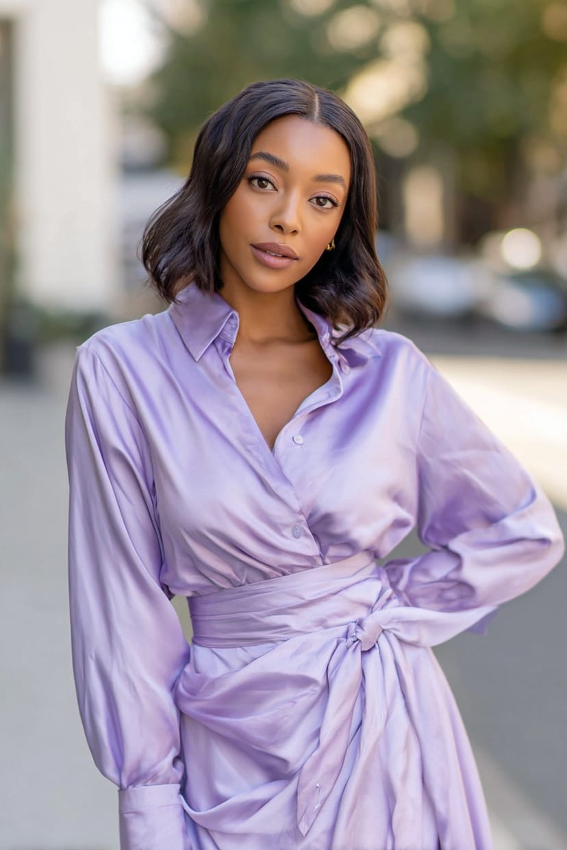 Fliederfarbenes Satin-Kleid mit glänzender Optik