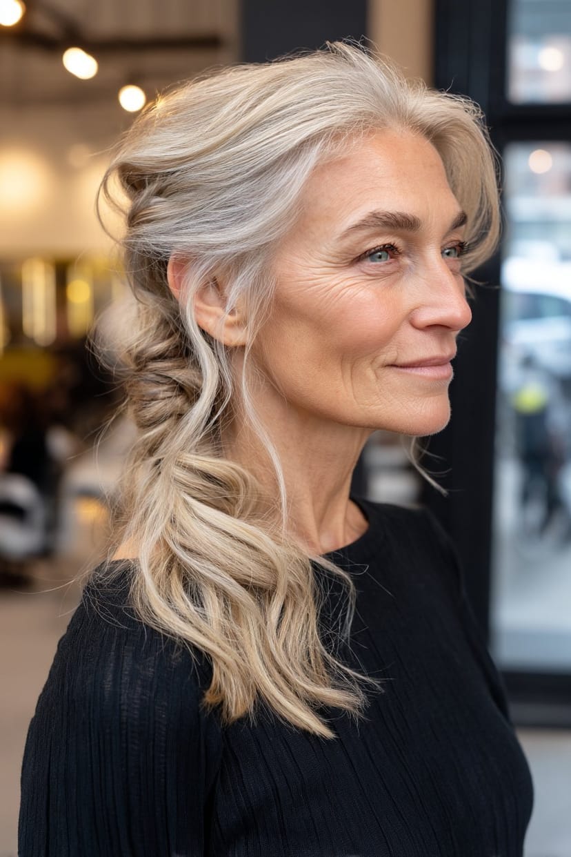 Schulterlanges Haar mit lockerem Zopf, leicht aufgelockert