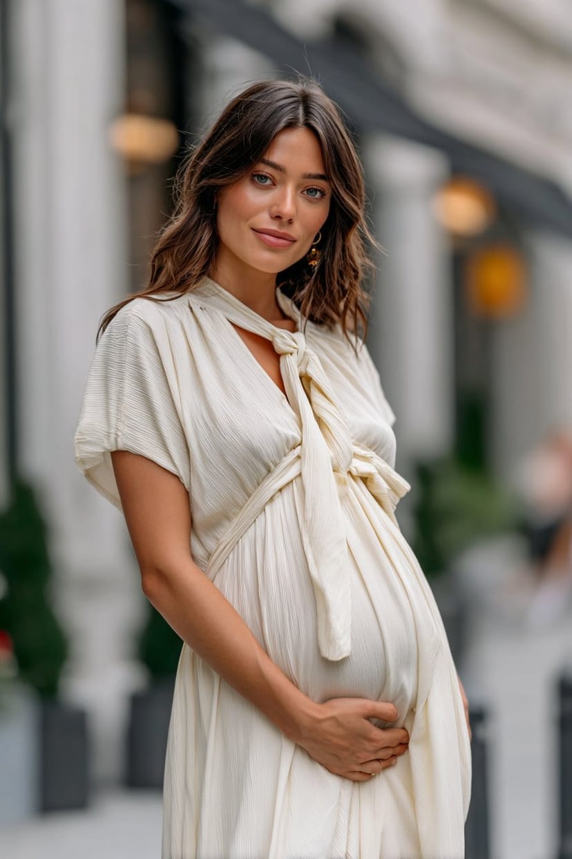 Schwangerschaftskleid mit Bindegürtel von der Seite