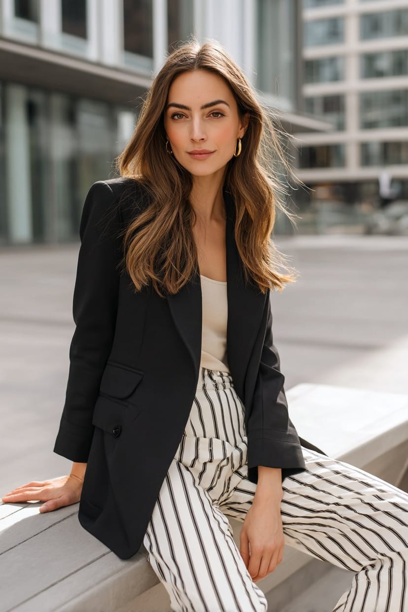 Schwarzer Blazer mit gestreifter Hose an Frau 40+