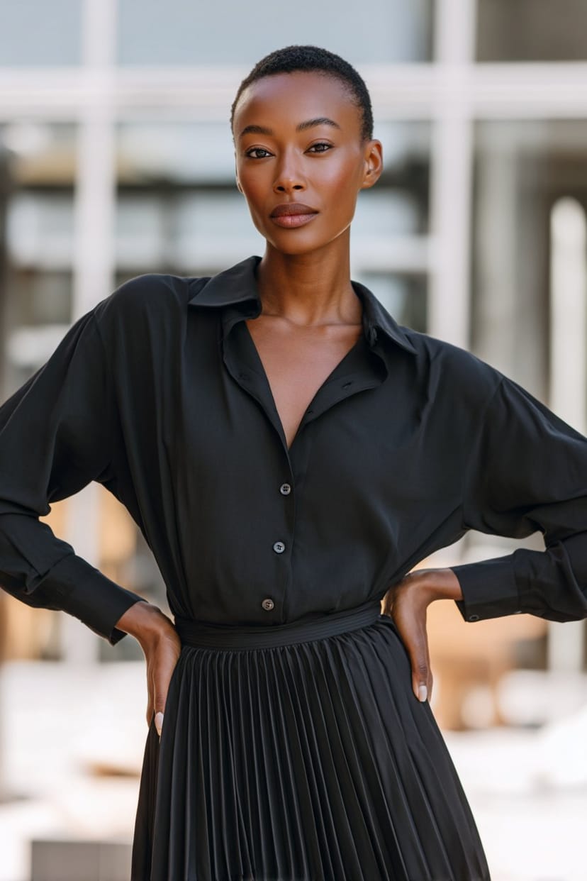 Schwarzer Faltenrock mit Bluse, Frühlings-Outfit