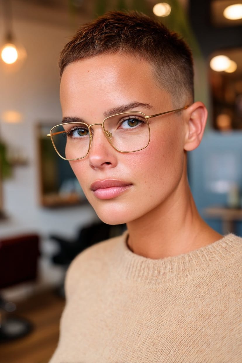 Sehr kurzer Undercut mit rechteckiger Halbrandfassung