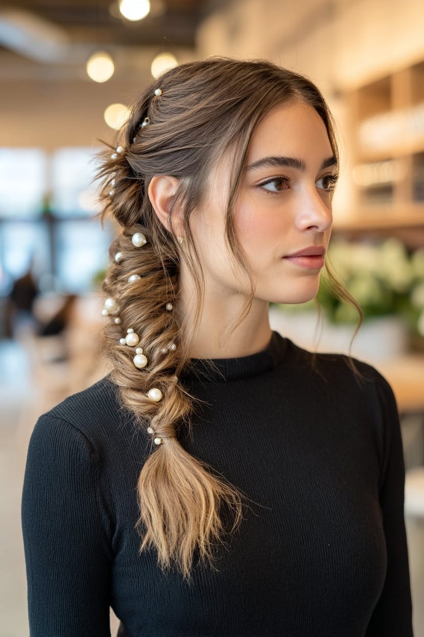 Seitlich geflochtener Dutt mit Perlen für Hochzeit