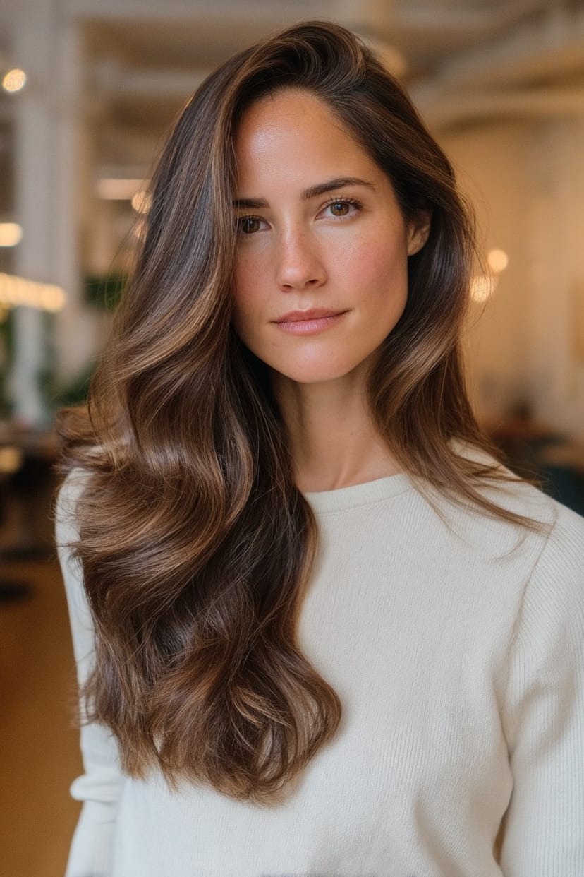 Braunes langes Haar mit seitlichen weichen Wellen