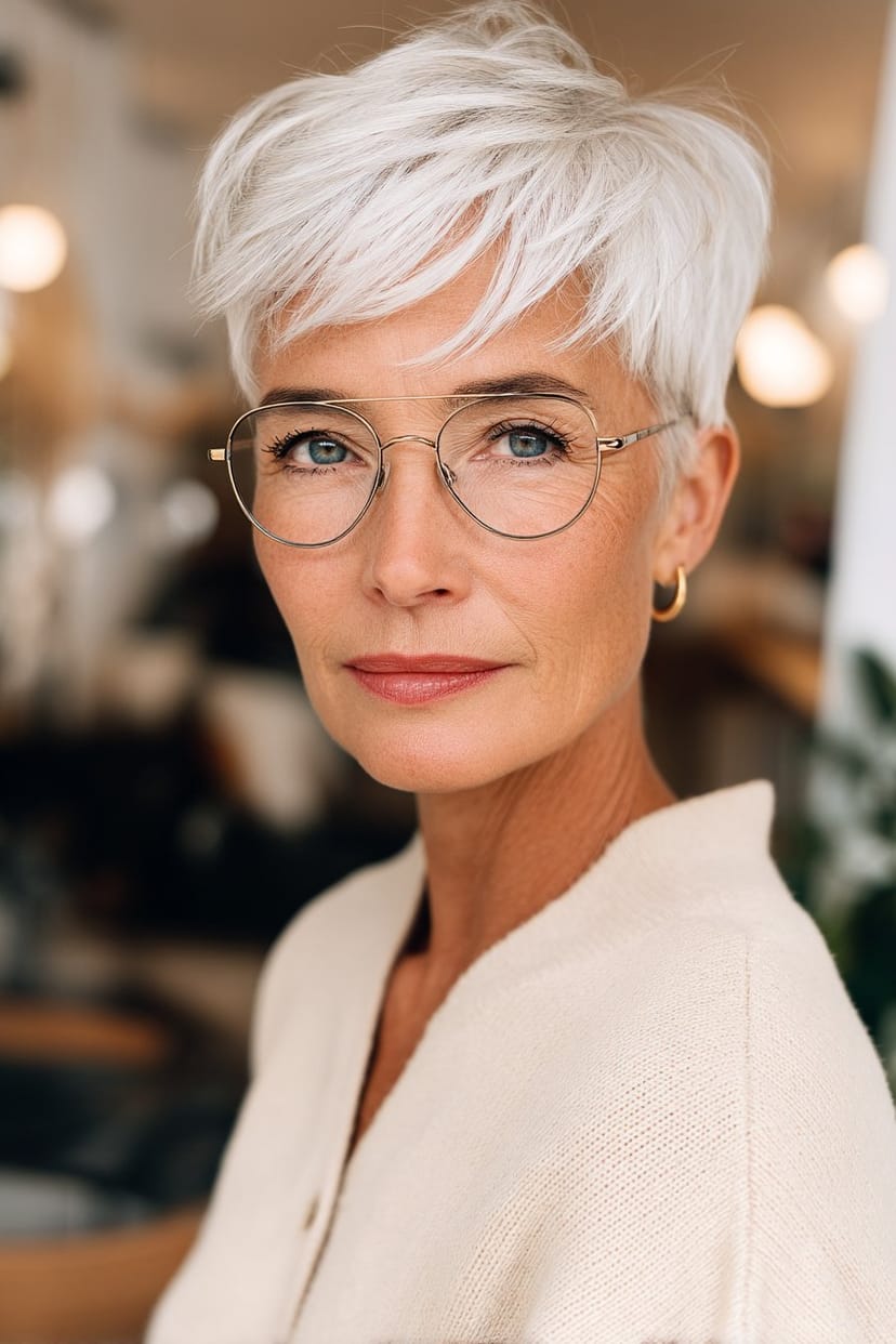 Shaggy Cut und Browline-Brille bei Frau ab 50