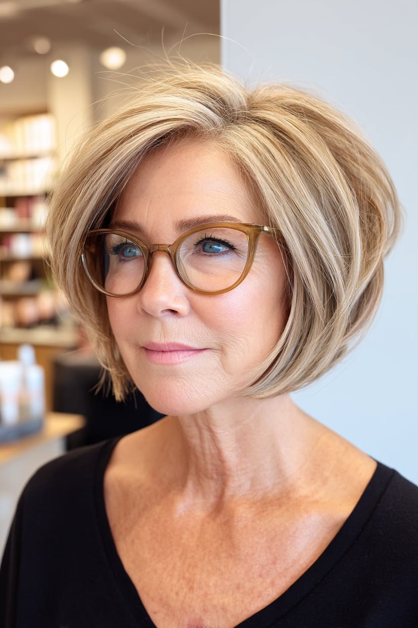 Short Bob mit Stufen und Cateye-Brille bei Frau ab 50