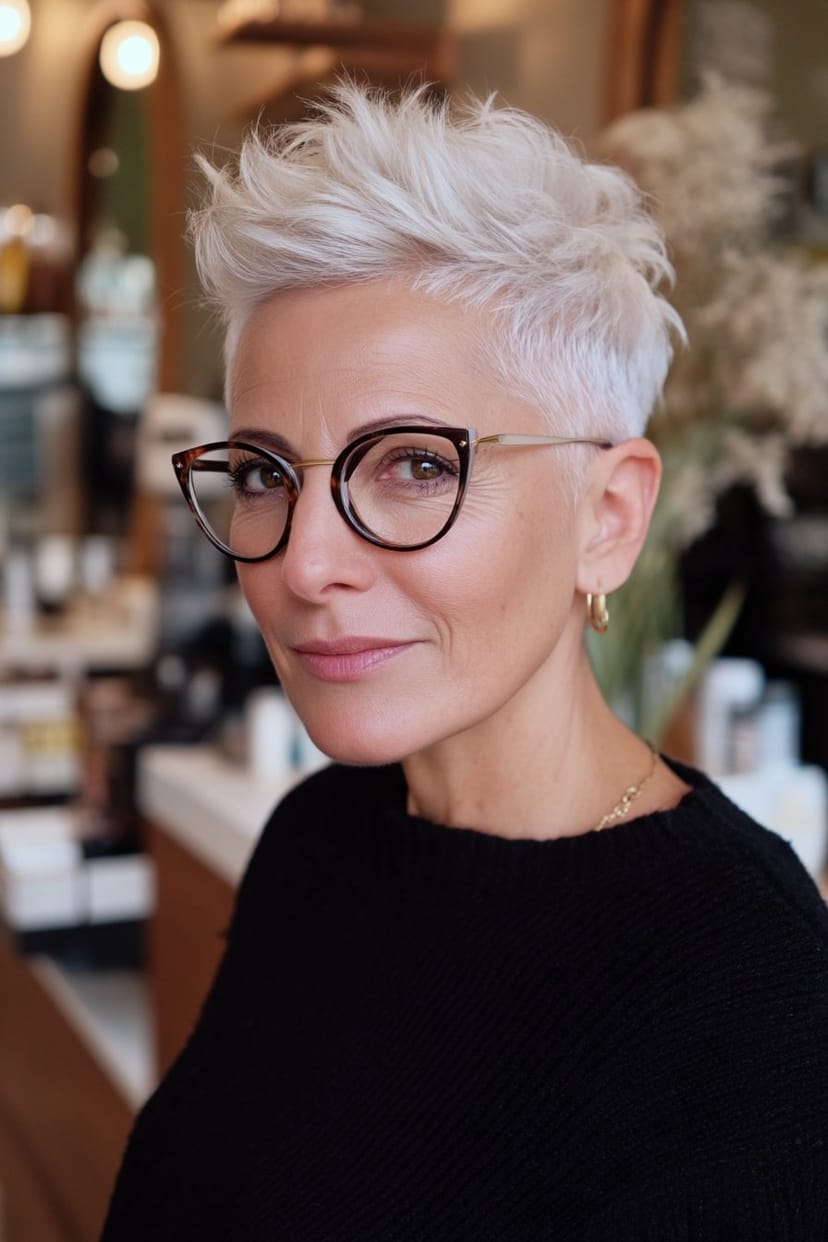 Silbergrauer Pixie mit großer Retrobrille bei Frau ab 50