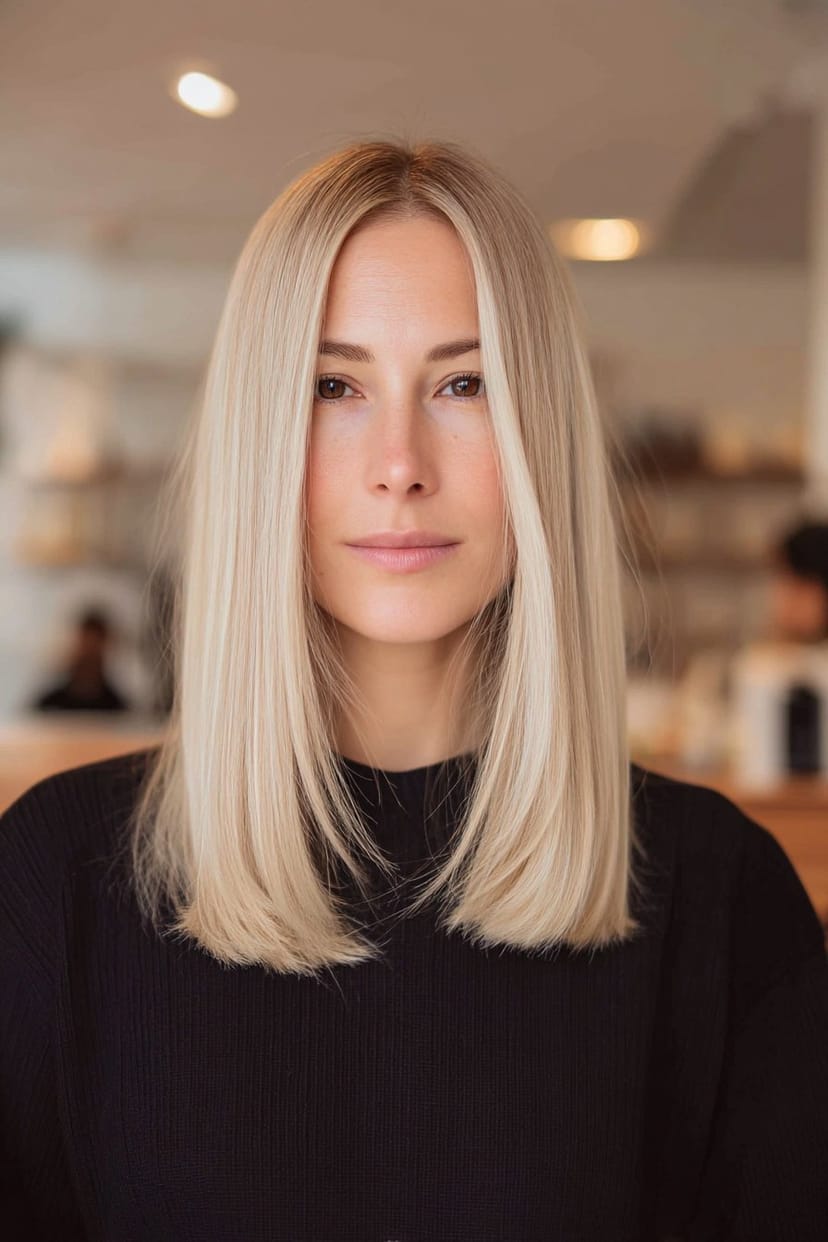 Schulterlanges glattes blondes Haar mit Mittelscheitel