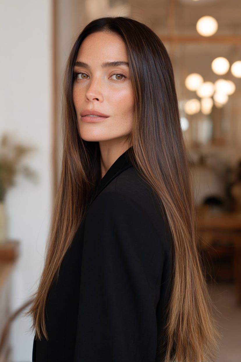Langes dunkelblondes Haar im glatten Sleek-Look