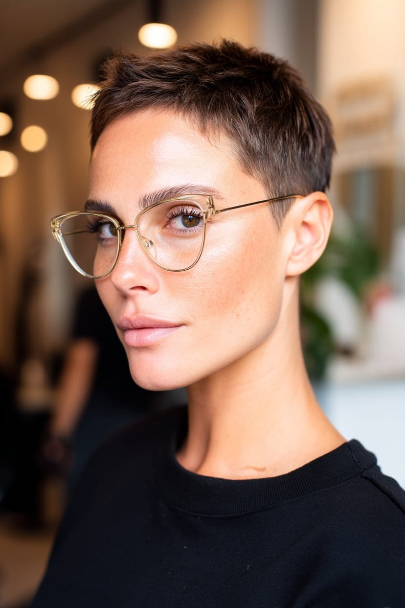 Short Cut mit spitzen Haarenden und Cateye-Brille