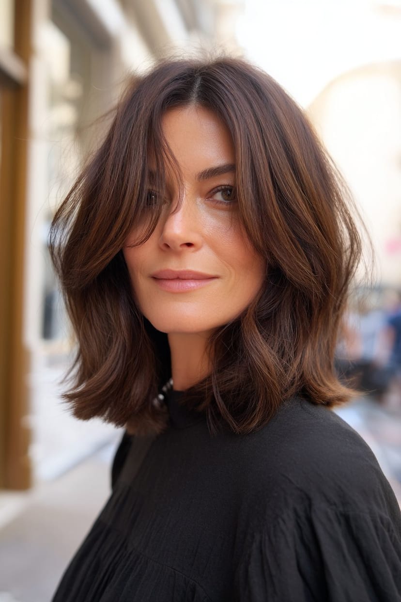 Voluminöser Long Bob mit Stufen bei Frau ab 50