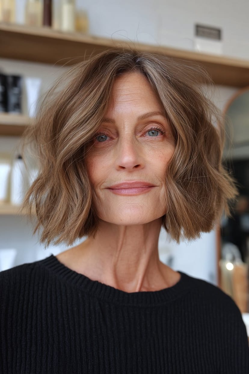 Stufiger Long Bob mit leichten Wellen für feines Haar
