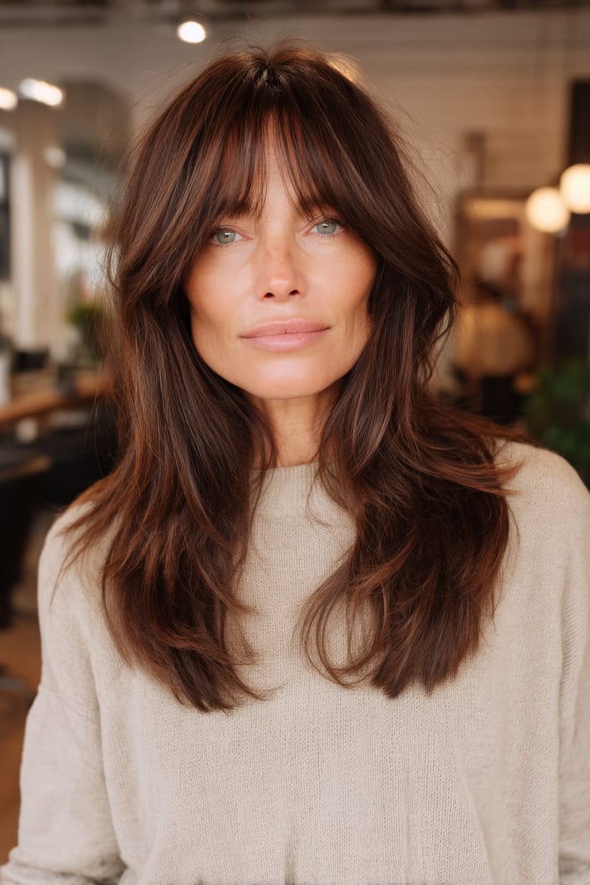 Langes braunes Haar mit stufigem Pony bei Frau ab 50