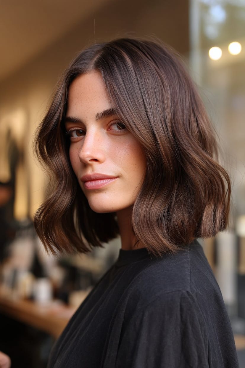 Stumpfer Bob mit leichten Wellen bei braunem Haar