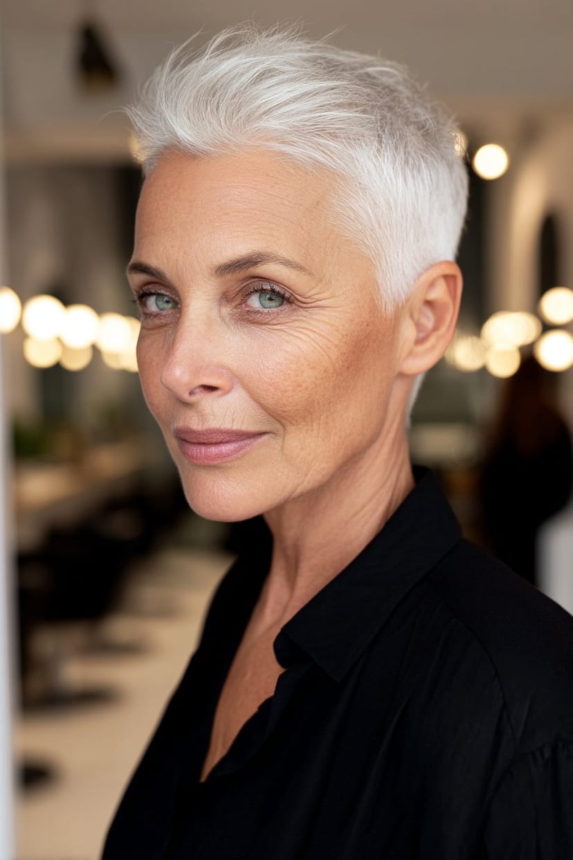 Superkurzer Buzzcut auf silbergrauem Haar bei Frau
