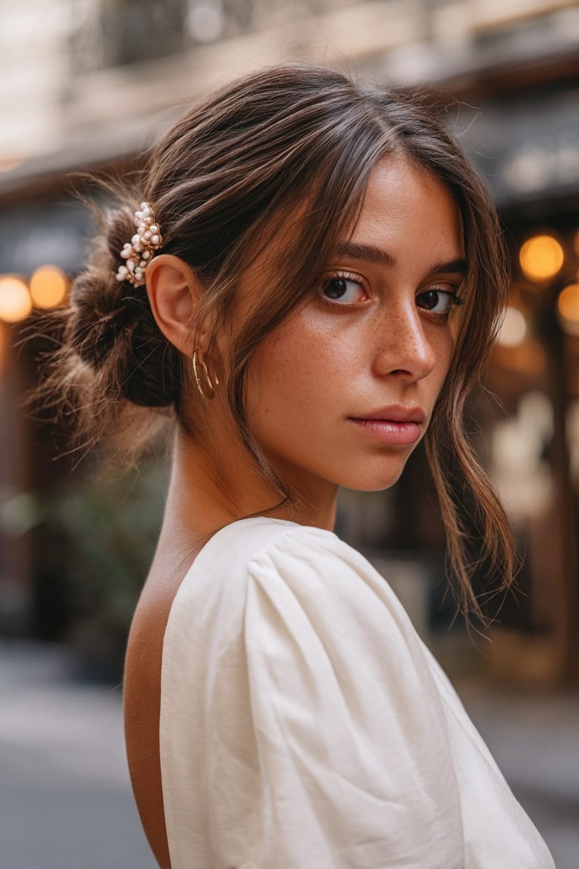 Tiefer messy Dutt mit Haarschmuck für Abschlussball