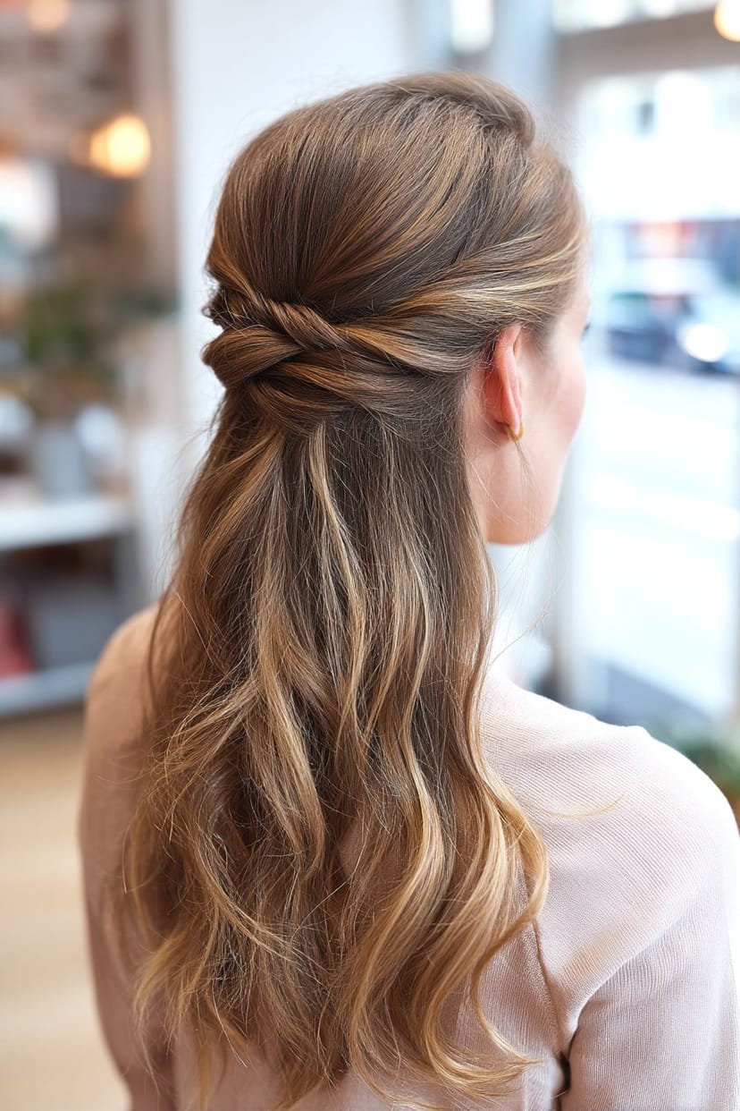 Twisted Half-Up mit umwickelter Strähne bei mittellangem Haar