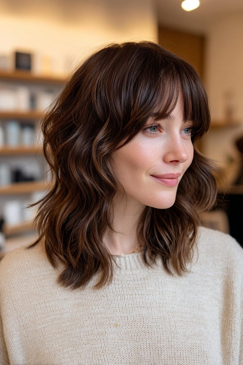 Frau mit Pony und Stufen, mittellanges Haar ab 60