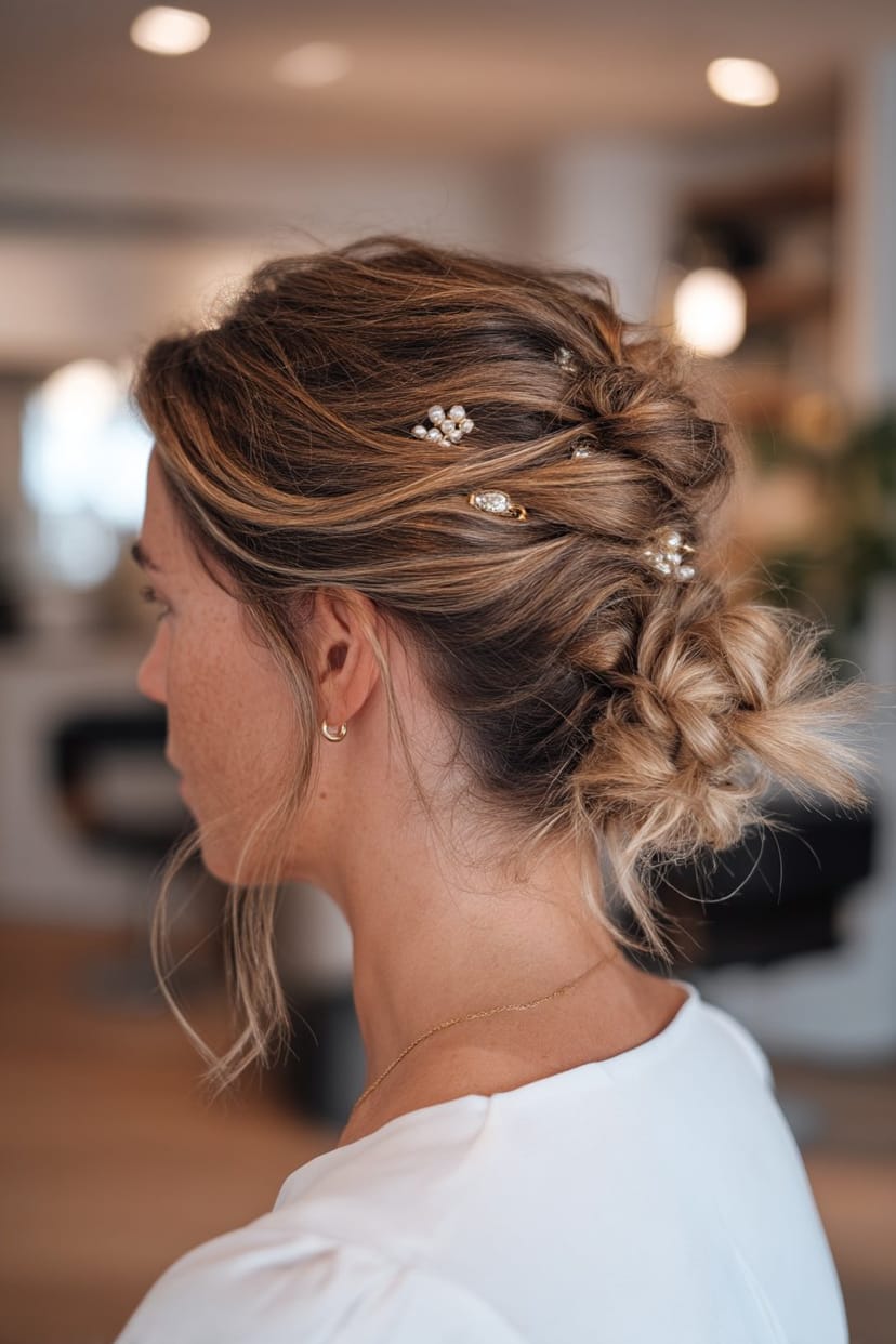 Messy Dutt mit Haarklammern bei mittellangem Haar