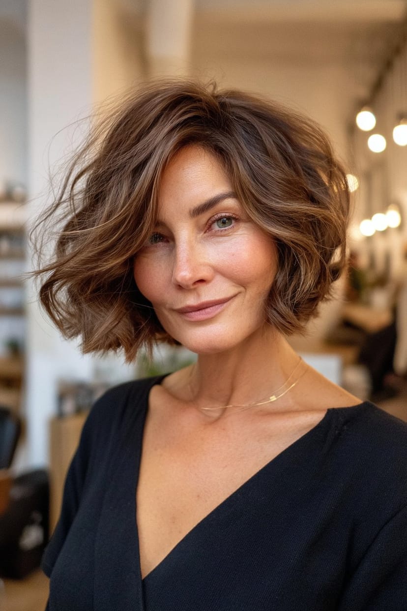 Voluminöser Bob mit sanften Wellen seitlich und hinten