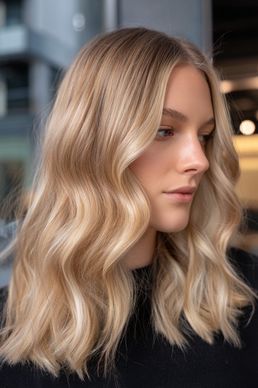 Mittellanges blondes Haar mit weichen Balayage-Wellen