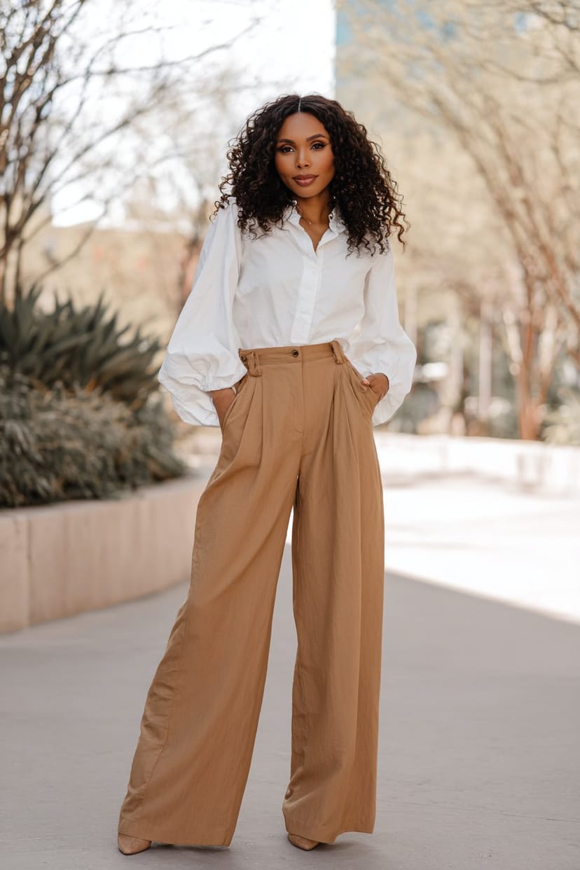 Weiße Bluse zu camel Wide-Leg-Hose elegant kombiniert