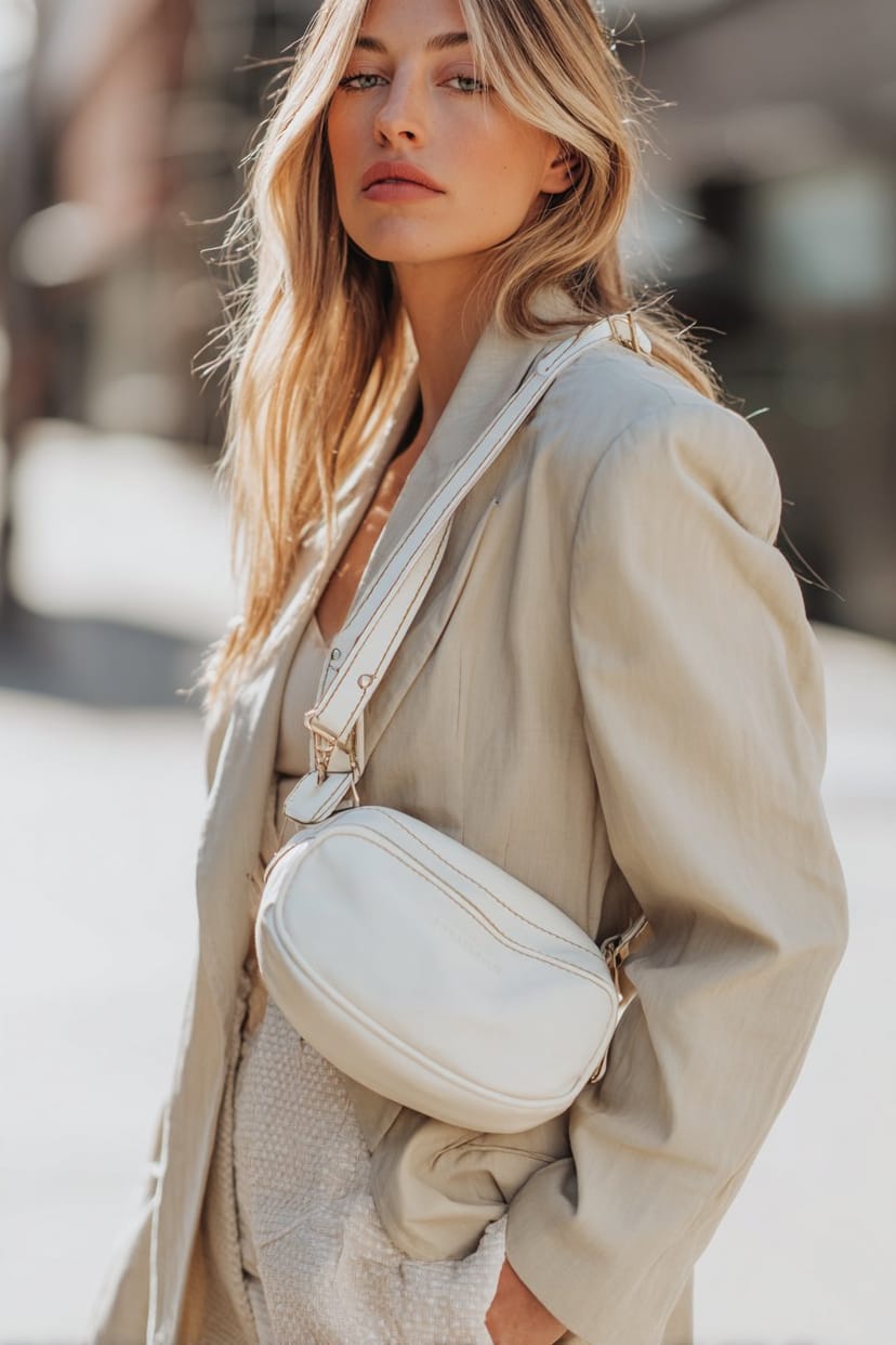 Weiße Leder Crossbody-Bag im Frühlingsoutfit