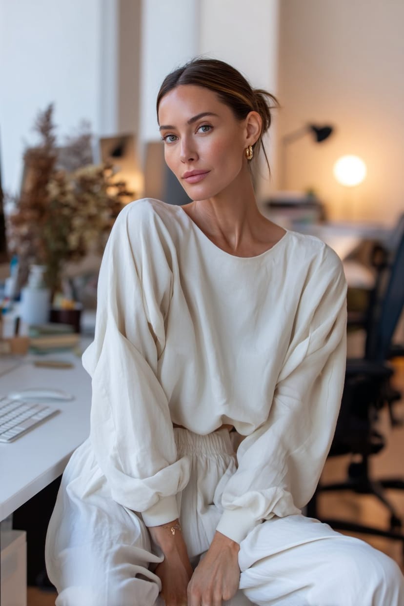 Weiße lockere Stoffhose am Büroschreibtisch