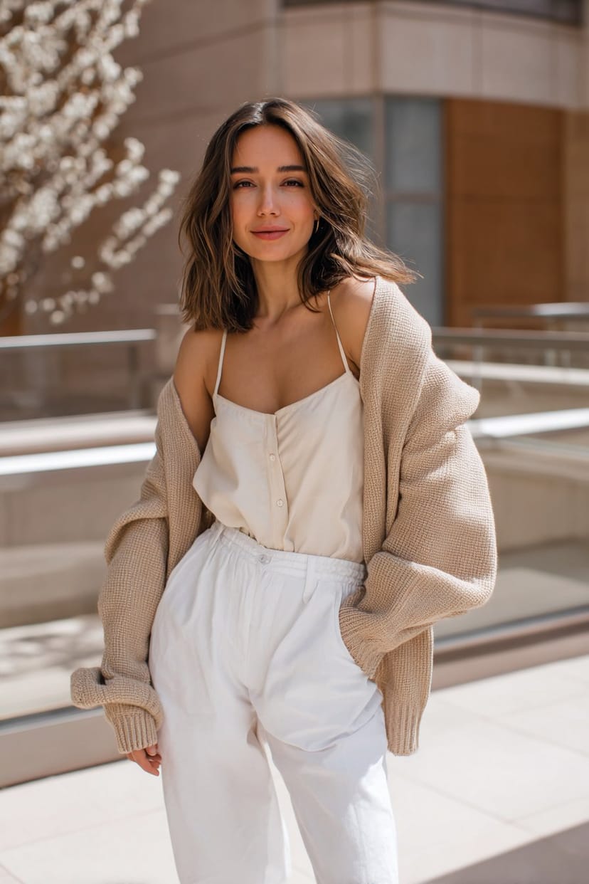 Weiße Stoffhose mit beigem Cardigan für Frühling